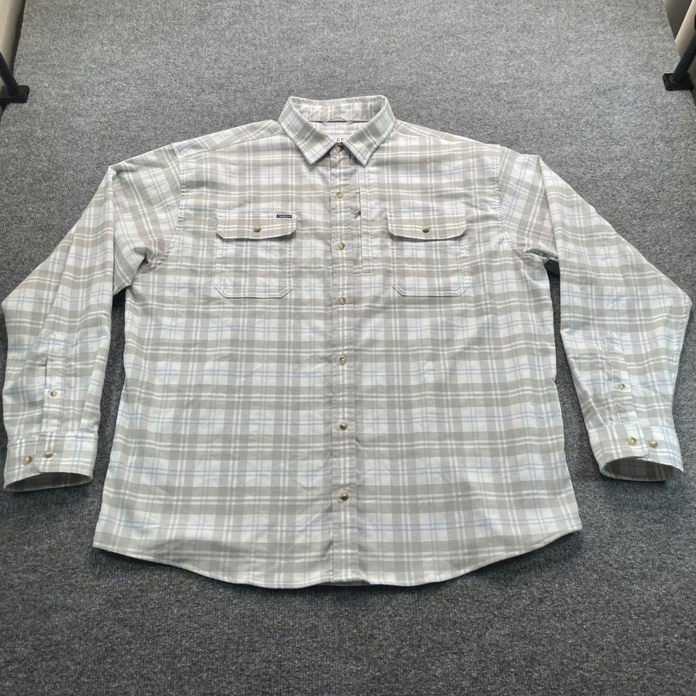 Poncho Outdoors Shirt Mens XL Grey Plaid Magnetic Pocket Long Sleeve Fishing